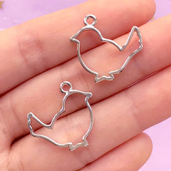 Bird Open Bezel for UV Resin Crafts | Animal Charm | Outlined Bird Deco Frame | Kawaii Resin Jewelry Supplies (2 pcs / Silver / 21mm x 21mm)