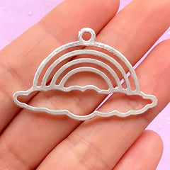 Rainbow and Cloud Open Bezel Charm | Cute Deco Frame for UV Resin | Kawaii Jewelry Supplies (1 piece / Silver / 40mm x 26mm)