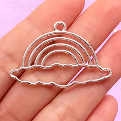 Rainbow and Cloud Open Bezel Charm | Cute Deco Frame for UV Resin | Kawaii Jewelry Supplies (1 piece / Silver / 40mm x 26mm)