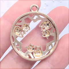 Owl Circle Open Bezel Charm | Round Bird Deco Frame for UV Resin Jewellery DIY | Kawaii Craft Supplies (1 piece / Gold / 29mm x 34mm)