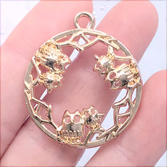 Owl Circle Open Bezel Charm | Round Bird Deco Frame for UV Resin Jewellery DIY | Kawaii Craft Supplies (1 piece / Gold / 29mm x 34mm)