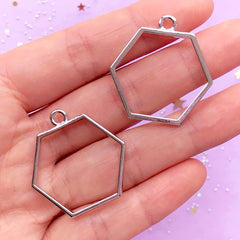 Hexagon Open Back Bezel Charm | Geometric Deco Frame for UV Resin Filing | Geometry Pendant | Jewellery Supplies (2 pcs / Silver / 29mm x 31mm / 2 Sided)