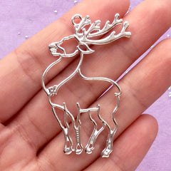 Reindeer Open Back Bezel for UV Resin Filling | Forest Animal Charm | Hollow Deer Pendant | Kawaii Christmas Jewelry Supplies (1 piece / Silver / 30mm x 49mm)