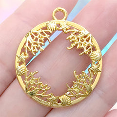 Round Coral Open Back Bezel Charm | Marine Life Pendant | Sea Circle Deco Frame for UV Resin Filling (1 piece / Gold / 29mm x 34mm)