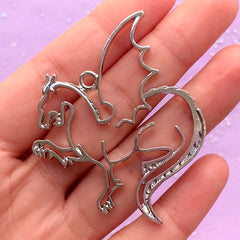 Silver Dragon Open Back Bezel Pendant | Legendary Creature Charm | UV Resin Jewelry Making (1 piece / Silver / 45mm x 48mm)