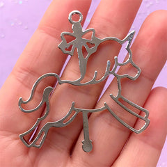 Unicorn Carousel Open Bezel Charm for UV Resin | Merry Go Round Pendant | Fairy Kei Deco Frame (1 piece / Silver / 48mm x 51mm)