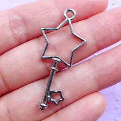 Star Wand Open Back Bezel Pendant | Magical Girl Star Key Charm | Kawaii Jewelry Making | UV Resin Crafts (1 piece / Silver / 19mm x 42mm)