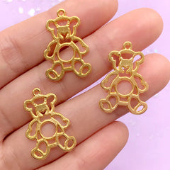 Bear Doll Open Bezel Charm | Animal Toy Pendant | Kawaii Deco Frame | UV Resin Jewelry Supplies (3 pcs / Gold / 16mm x 24mm)