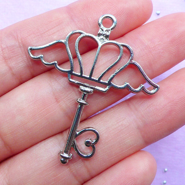 Crown with Angel Wing Key Charm | Mahou Kei Open Bezel | Kawaii Pendant | UV Resin Jewelry Supplies (1 piece / Silver / 36mm x 41mm)