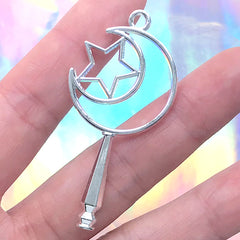 Moon Wand Open Bezel Pendant for UV Resin Craft | Magical Girl Charm | Kawaii Jewelry Supplies (1 piece / Silver / 26mm x 54mm / 2 Sided)