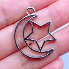 Magical Girl Moon and Star Open Back Bezel | Mahou Kei Pendant | Kawaii Charm | Cute Deco Frame for UV Resin Crafts (1 piece / Silver / 23mm x 30mm)