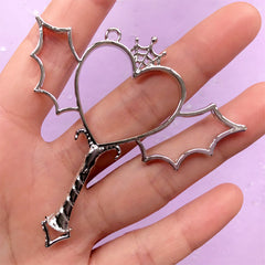 Devil Winged Heart Wand Open Bezel Charm for UV Resin | Magic Wand with Vampire Wings | Kawaii Supplies (1 piece / Silver / 67mm x 67mm / 2 Sided)