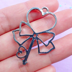 Mahou Kei Heart Key with Ribbon Open Bezel Charm | Magic Wand Pendant | Kawaii UV Resin Jewellery Supplies (1 piece / Silver / 29mm x 40mm)