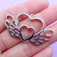 Magical Winged Heart Open Bezel Charm | Double Heart with Angel Wing Pendant | Kawaii UV Resin Crafts (1 piece / Silver / 41mm x 23mm)