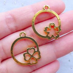 Sakura and 4 Leaf Clover Open Back Bezel Charm | Floral Deco Frame for Kawaii UV Resin Crafts | Flower Pendant (2pcs / Gold / 20mm x 24mm)