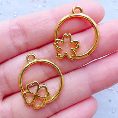 Sakura and 4 Leaf Clover Open Back Bezel Charm | Floral Deco Frame for Kawaii UV Resin Crafts | Flower Pendant (2pcs / Gold / 20mm x 24mm)