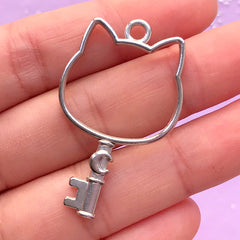 Cat Wand Open Bezel Charm for UV Resin | Kawaii Moon Kitty Key Pendant | Magical Girl Jewellery Supplies (1 piece / Silver / 25mm x 41mm)