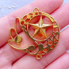 Magical Girl Open Bezel Pendant | Kawaii Star and Angel Wing Charm | Mahou Kei Deco Frame for UV Resin Jewelry Making (1 piece / Gold / 35mm x 35mm)
