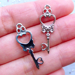 Tiny Heart Key with Ribbon Open Back Bezel Charm | Mini Magic Wand Pendant | Kawaii Jewelry Supplies (2pcs / Silver / 10mm x 28mm)