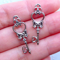 Tiny Heart Key with Ribbon Open Back Bezel Charm | Mini Magic Wand Pendant | Kawaii Jewelry Supplies (2pcs / Silver / 10mm x 28mm)