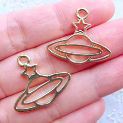 Kawaii Planet Saturn Open Bezel | Solar System Charm | Outlined Saturn Pendant | Cosmos Jewelry Making (2pcs / Gold / 25mm x 22mm)