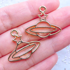 Kawaii Planet Saturn Open Bezel | Solar System Charm | Outlined Saturn Pendant | Cosmos Jewelry Making (2pcs / Gold / 25mm x 22mm)