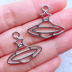 Kawaii Saturn Planet Open Bezel | Hollow Saturn Charm | Solar System Pendant | Galaxy Jewellery Making (2pcs / Silver / 25mm x 22mm)