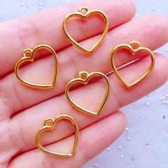 Small Heart Open Backed Bezel Charms | Deco Frame for UV Resin Filling | Kawaii Resin Jewellery Making (5pcs / Gold / 16mm x 17mm / 2 Sided)