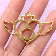 Kawaii Winged Heart Open Bezel Pendant | Magical Deco Frame for UV Resin Filling | Manga Jewelry Making (1 piece / Gold / 51mm x 33mm)