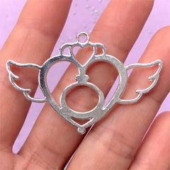 CLEARANCE Magical Girl Heart with Angel Wings Open Bezel Charm | Kawaii Deco Frame for UV Resin | Anime Jewellery DIY (1 piece / Silver / 51mm x 33mm)