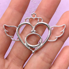 CLEARANCE Magical Girl Heart with Angel Wings Open Bezel Charm | Kawaii Deco Frame for UV Resin | Anime Jewellery DIY (1 piece / Silver / 51mm x 33mm)