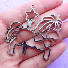 Kawaii Carousel Unicorn Open Back Bezel Charm | Fairy Kei Jewelry DIY | Cute Deco Frame for UV Resin Filling (1 piece / Silver / 46mm x 49mm)