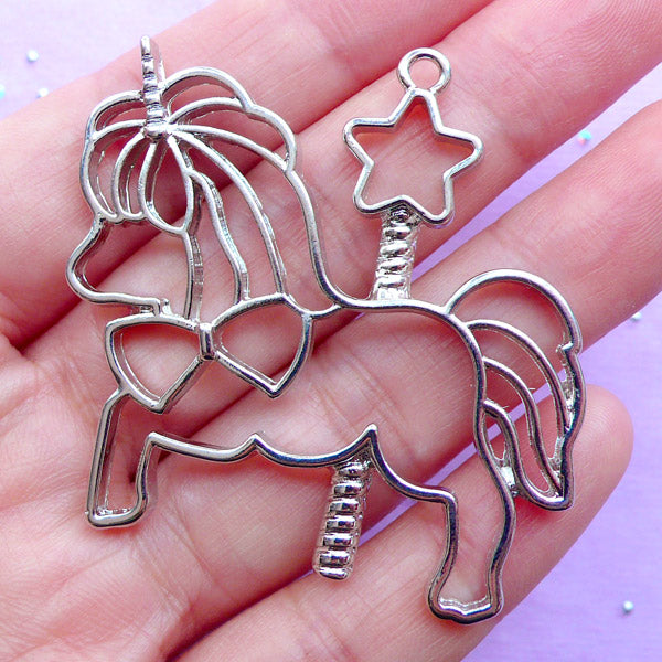 Kawaii Carousel Unicorn Open Back Bezel Charm | Fairy Kei Jewelry DIY | Cute Deco Frame for UV Resin Filling (1 piece / Silver / 46mm x 49mm)