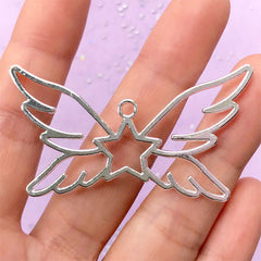 Kawaii Star with Angel Wing Open Bezel Charm | Winged Star Deco Frame for UV Resin Filling | Mahou Kei Jewellery Supplies (1 piece / Silver / 54mm x 30mm)