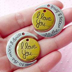 I Love You to the Moon and Back Crescent Moon Charm (2 sets / 27mm x 30mm / Silver & Gold / 2 Sided) Wedding Message Word Charm CHM1577