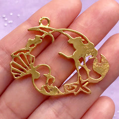 Mermaid Princess Open Backed Bezel Charm | UV Resin Craft Supplies | Kawaii Fairytale Jewelry DIY (1 piece / Gold / 40mm x 33mm)