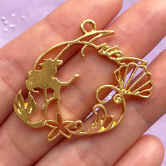 Mermaid Princess Open Backed Bezel Charm | UV Resin Craft Supplies | Kawaii Fairytale Jewelry DIY (1 piece / Gold / 40mm x 33mm)