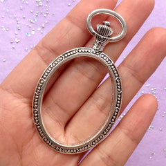 Pocket Watch Open Backed Bezel | Oval Pocketwatch Pendant | Steampunk Charm | Resin Jewelry Supplies (1 piece / Tibetan Silver / 38mm x 66mm / 2 Sided)