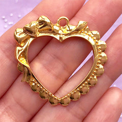 Lolita Heart Open Bezel Charm | UV Resin Jewellery Supplies | Lace Heart Deco Frame | Kawaii Crafts (1 piece / Gold / 38mm x 36mm)
