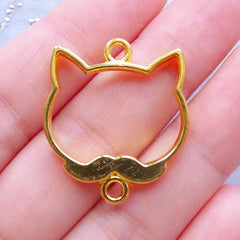 Mustache Cat Open Bezel Pendant | Gentleman Cat Connector Charm | Kawaii Deco Frame for UV Resin Jewelry Making (1 piece / Gold / 24mm x 28mm / 2 Sided)
