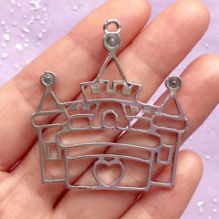 CLEARANCE Fairy Tale Castle Open Backed Bezel Pendant | Cute Deco Frame for UV Resin Crafts | Kawaii Jewellery Making (1 piece / Silver / 43mm x 46mm)