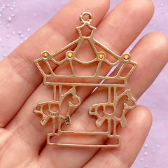 Carousel Open Bezel Pendant | Merry Go Round Charm | Kawaii Deco Frame for UV Resin Jewelry Making (1 piece / Gold / 37mm x 48mm)