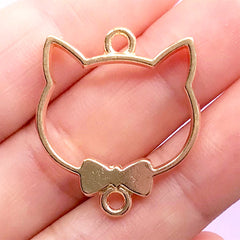 Cat with Bow Tie Charm | Kawaii Open Bezel for UV Resin Filling | Kitty Deco Frame | Animal Jewelry DIY (1 piece / Gold / 24mm x 28mm / 2 Sided)