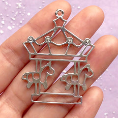 Merry Go Round Open Bezel Charm | Carousel Pendant | Cute Deco Frame | UV Resin Jewellery | Kawaii Craft Supplies (1 piece / Silver / 37mm x 48mm)