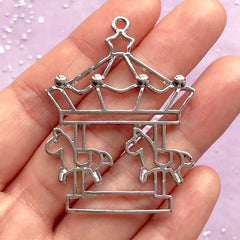 Merry Go Round Open Bezel Charm | Carousel Pendant | Cute Deco Frame | UV Resin Jewellery | Kawaii Craft Supplies (1 piece / Silver / 37mm x 48mm)