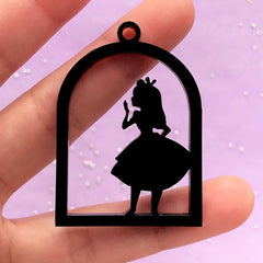 Alice in Wonderland Open Bezel Charm | Acrylic Bird Cage Pendant | Kawaii Deco Frame | UV Resin Jewelry DIY (1 piece / Black / 34mm x 49mm / 2 Sided)