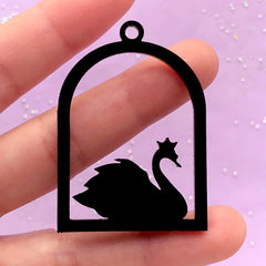 CLEARANCE Swan in Bird Cage Open Back Bezel Charm | Kawaii Acrylic Pendant | Deco Frame for UV Resin Craft (1 piece / Black / 34mm x 49mm / 2 Sided)