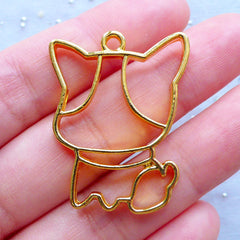 Kawaii Dog Open Backed Bezel Charm | Cartoon Puggy Pendant | UV Resin Craft Supplies | Outlined Pet Deco Frame (1 piece / Gold / 24mm x 32mm)