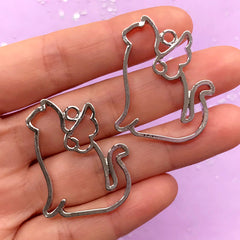 Cat with Angel Wing Open Back Bezel | Magical Girl Charm | Kawaii Kitty Deco Frame for UV Resin Jewelry Making (2 pcs / Silver / 27mm x 34mm)