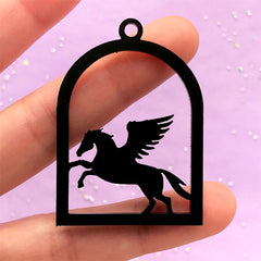 Pegasus Open Backed Bezel Charm | Bird Cage Pendant | Kawaii Acrylic Deco Frame for UV Resin Filling (1 piece / Black / 34mm x 49mm / 2 Sided)